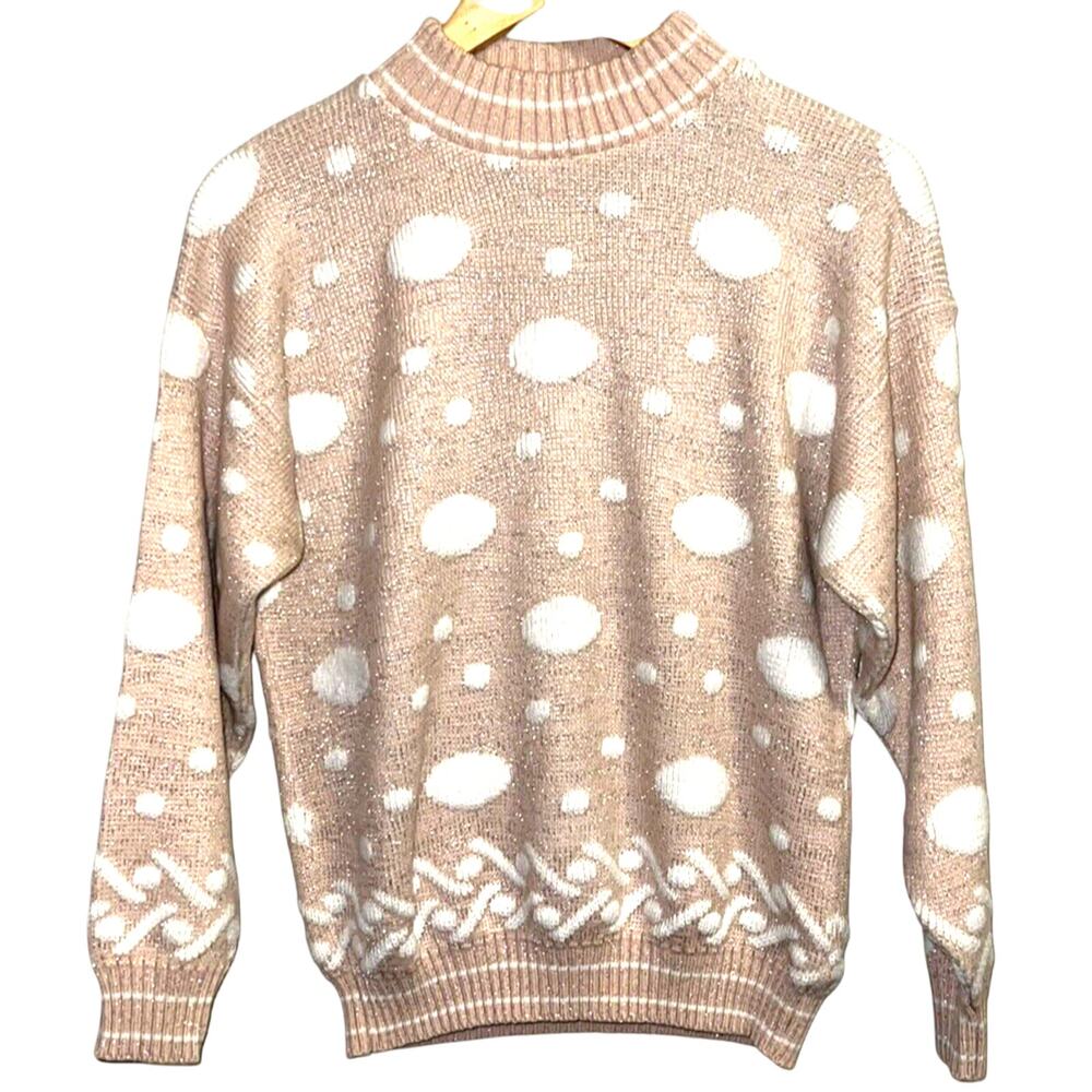 VTG 80s Jennifer Adams Sweater Pink w/white dots - Metallic Silver Thread Sz S/M